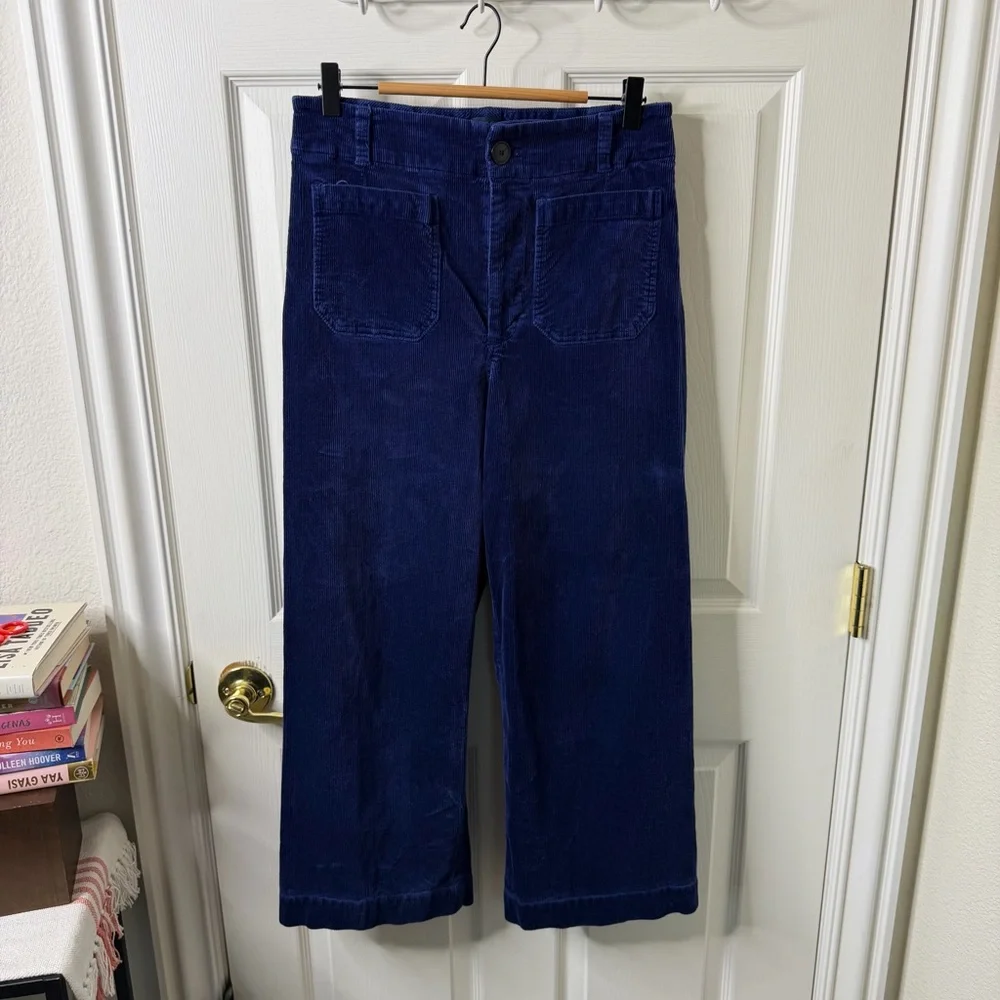 Anthropologie Maeve Colette Pant Blue Corduroy High Rise Wide Leg Crop Size 32 - Picture 2 of 5